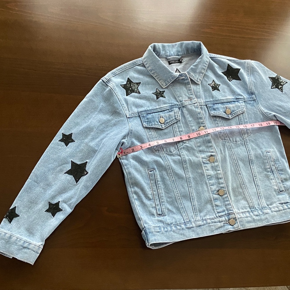 Sale! Nasty Gal Blue Denim Jacket with Black Sequin Stars. US Size 6 - Picture 13 of 17